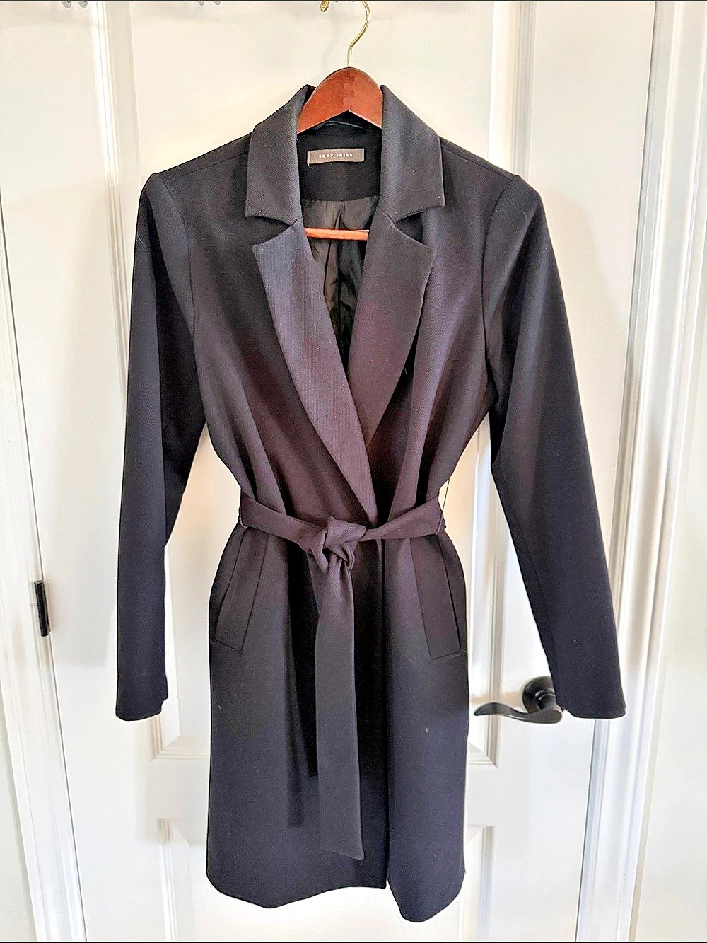Suzy Shier Black Belted Trench Coat Size Medium